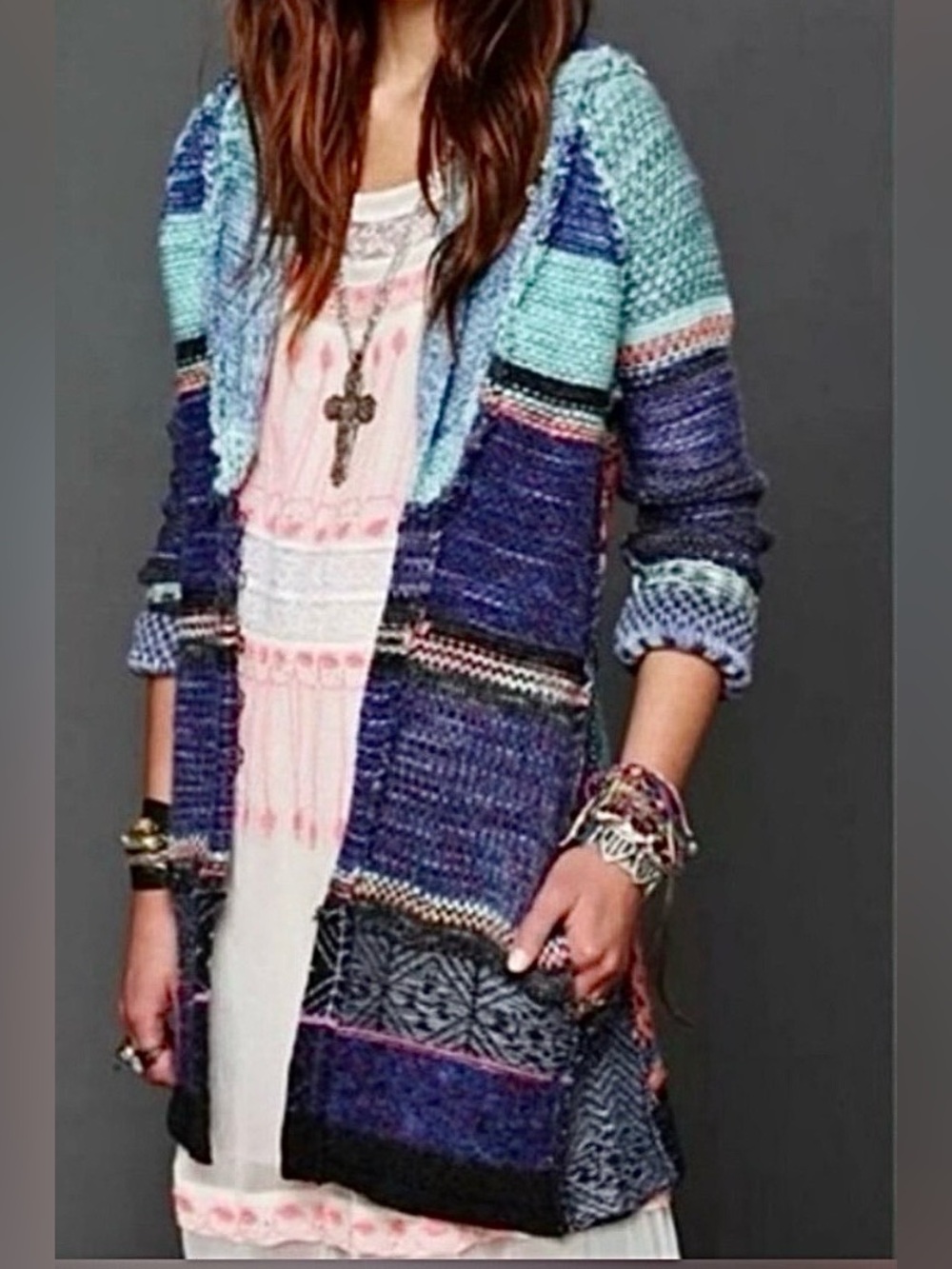 Free People Kryptonite Rock Candy Cardigan Sweater Wool Blend Chunky Knit Size M